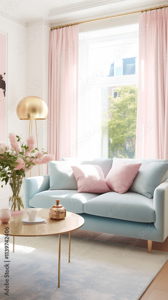 Fototapeta premium Interior of light living room with cozy pastel pink and blue sofas near big window and picture on the wall.