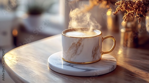 A luxurious marble coaster with gold accents, holding a steaming coffee mug, placed on a polished wooden desk with elegant decor, warm light casting soft shadows, hd quality, modern and sophisticated.