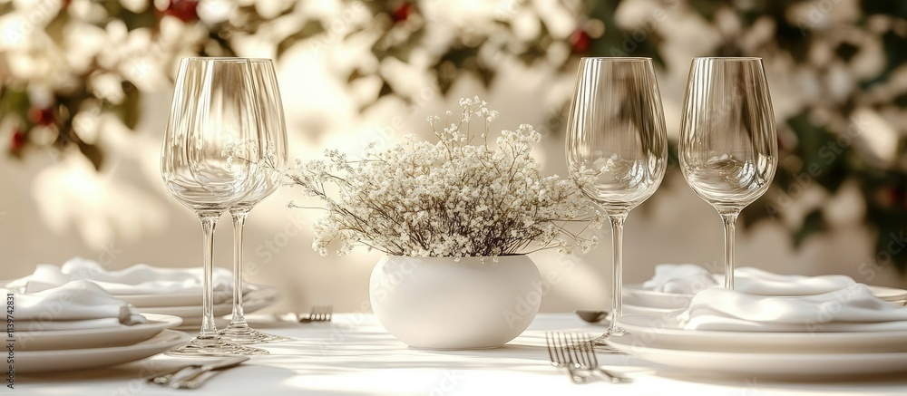 Elegant Outdoor Dining Table Setting with Delicate Floral Centerpiece Elegant Outdoor Dining Table Setting with Delicate Floral Centerpiece
