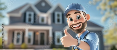 Engineer Theme, A man in a blue shirt is giving a thumbs up to a house