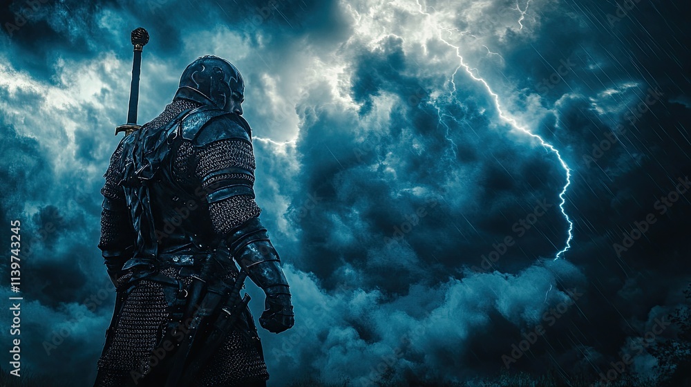 Fototapeta premium Lone knight facing stormy sky.