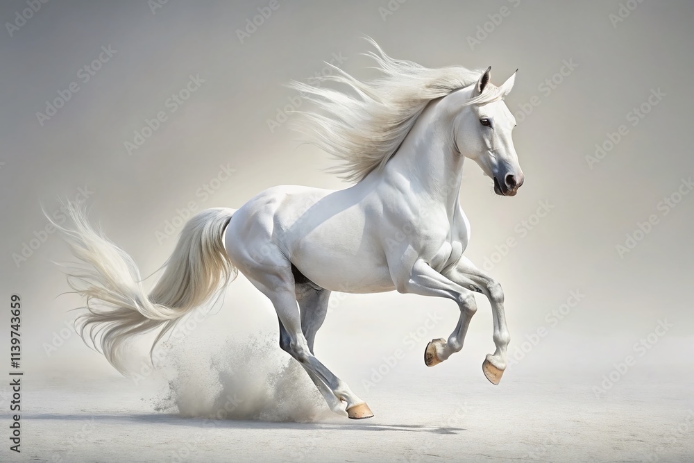 Majestic white horse gallops elegantly against a pristine white backdrop, showcasing nature’s beauty in motion with this breathtaking image that captures pure grace and power. Majestic white horse gallops elegantly against a pristine white backdrop, showcasing nature’s beauty in motion with this breathtaking image that captures pure grace and power.