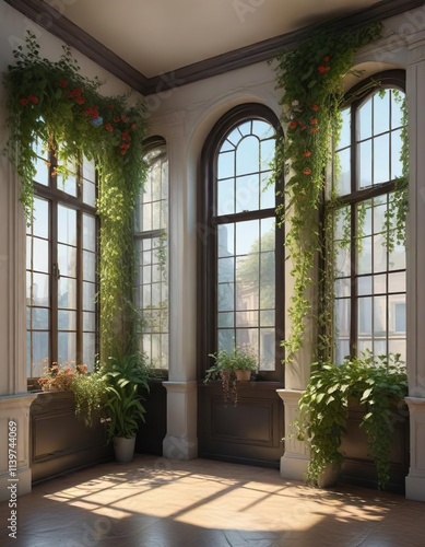 Tall windows on one side of the hall adorned with trailing vines and hanging plants, trailing vines, tall windows