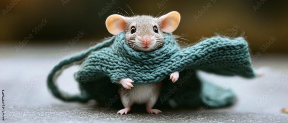 Adorable Mouse Wrapped in Cozy Teal Knit Sweater, Winter Fashion Adorable Mouse Wrapped in Cozy Teal Knit Sweater, Winter Fashion