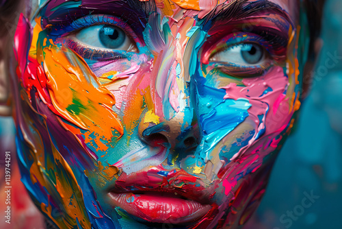 Close up of a young woman posing with multi-coloured paint on her face