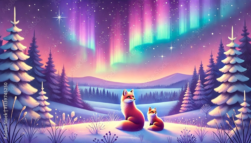 Fototapeta premium A serene winter night landscape painted in soft pastel tones, showcasing two foxes gazing at a vibrant multicolored aurora under a purple-lit starry sky