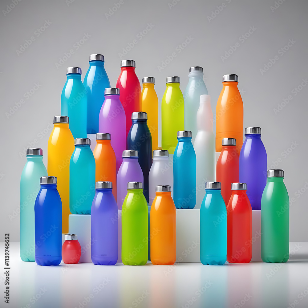 A collection of modern water bottles in vibrant colors, displayed on a plain white surface. A collection of modern water bottles in vibrant colors, displayed on a plain white surface.