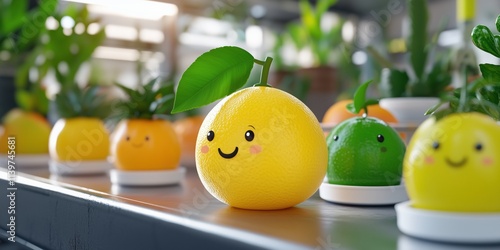 Adorable Smiling Citrus Fruits Planted in Pots: Delightful Display of Cheerful Produce photo