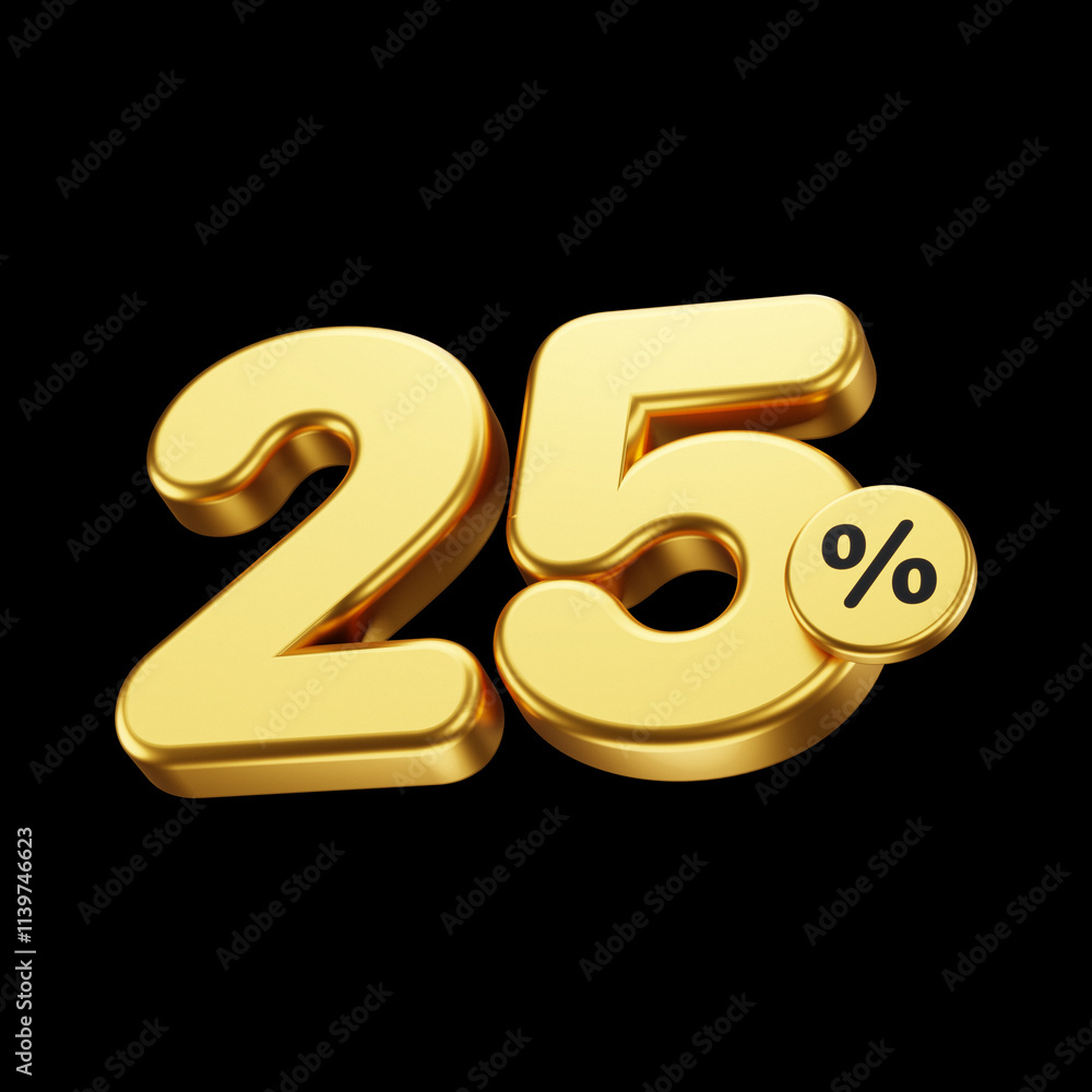 Golden 25 percent isolated on black background. metallic and glossy 3d number. 3d render. Golden 25 percent isolated on black background. metallic and glossy 3d number. 3d render.