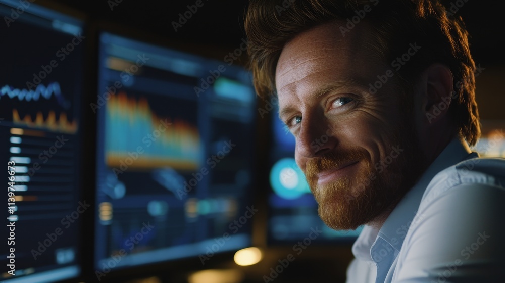 Fototapeta premium Smiling Data Analyst Working Late in Front of Multiple Screens