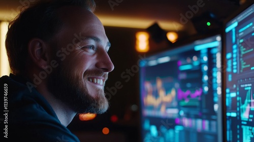 Smiling Data Analyst Working Late with Dual Monitors in Dark Room