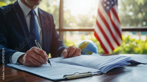Government official meticulously reviewing healthcare policy documents on a wooden desk, symbolizing the critical role of public health initiatives in national governance.
