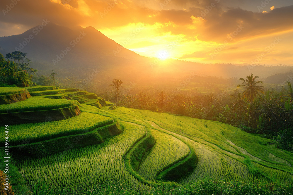 Fototapeta premium The beauty of rice fields on the mountain slope at sunset. Rice harvest. Generated by artificial intelligence