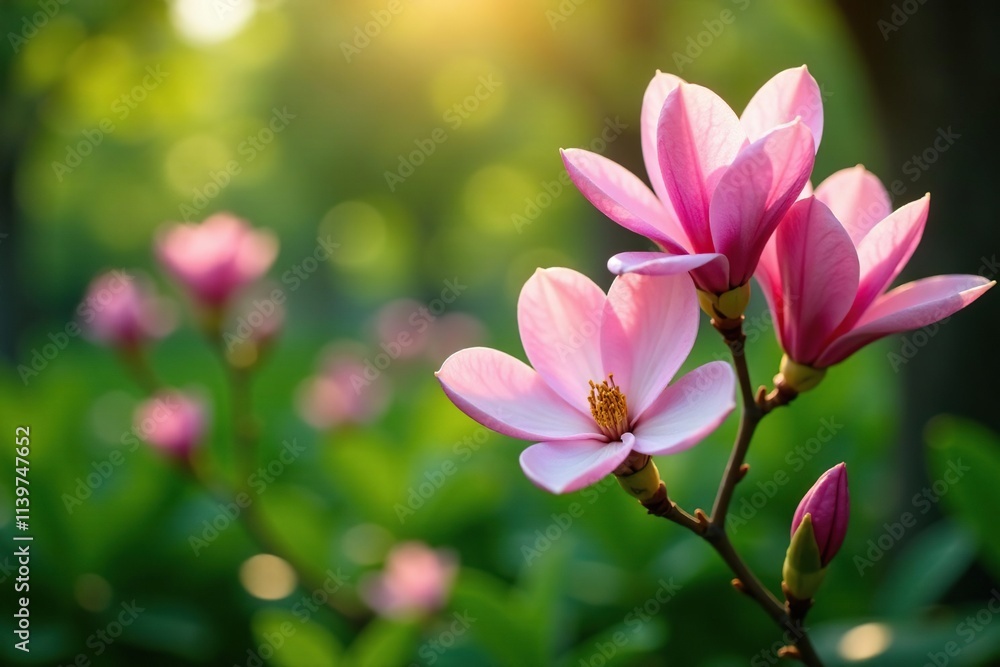 Pink magnolia flowers blooming in a lush green garden, lush, green Pink magnolia flowers blooming in a lush green garden, lush, green