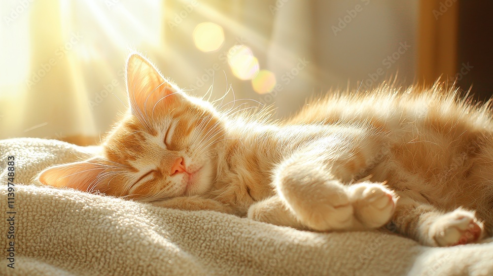 Obraz premium Cute Orange Tabby Kitten Sleeping Peacefully on Cozy Blanket in Sunlight