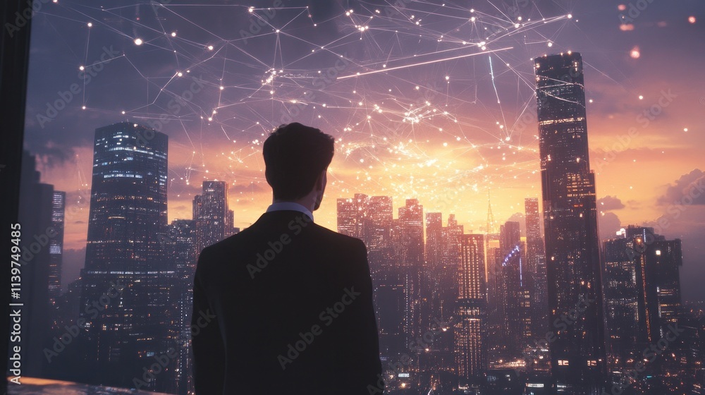 Visionary Businessman Contemplating a Connected Cityscape at Sunset Visionary Businessman Contemplating a Connected Cityscape at Sunset