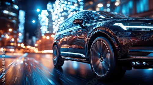 Night Drive: Luxury SUV speeding through city streets, illuminated by vibrant city lights. A captivating image of modern automotive design and urban dynamism.