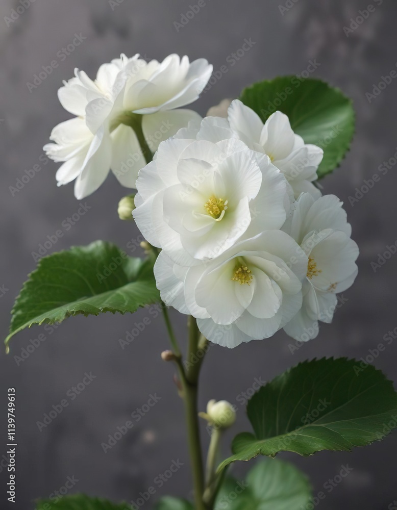 Single large white begonia bloom on a long green stem with leaves , flowers, flower, blooms