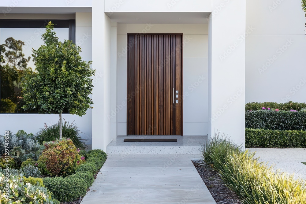 Modern wooden door with vertical grooves, flanked by clean white walls and minimalist garden.