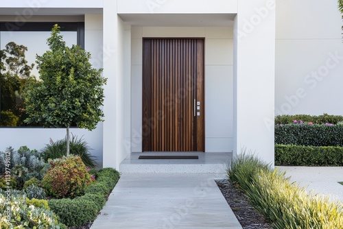 Obraz na płótnie Modern wooden door with vertical grooves, flanked by clean white walls and minimalist garden. w salonie