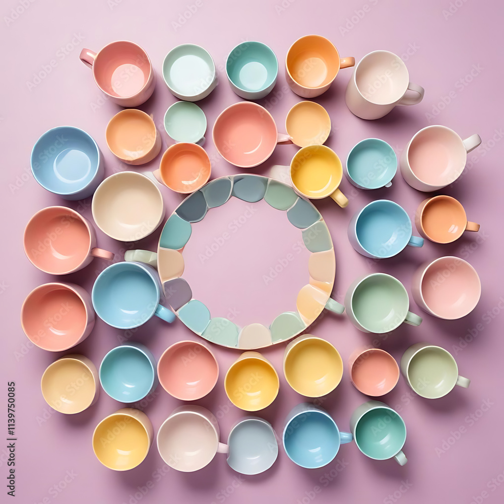 A flat-lay of ceramic coffee mugs in pastel colors arranged in a circular pattern. A flat-lay of ceramic coffee mugs in pastel colors arranged in a circular pattern.