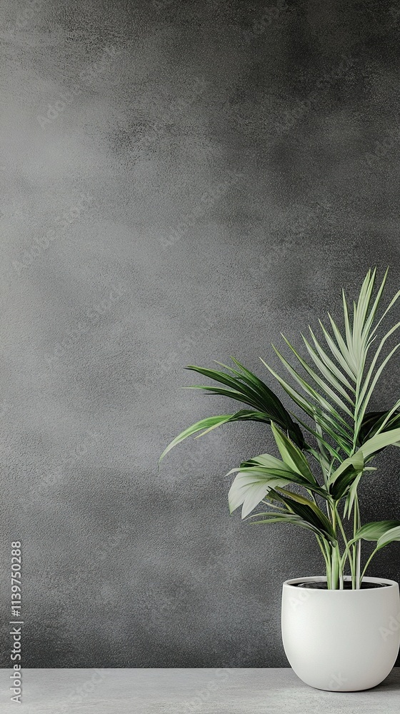 Minimalist home decor potted palm against dark wall. Minimalist home decor potted palm against dark wall.
