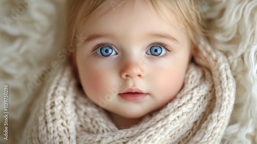 Adorable baby girl with bright blue eyes, wrapped in a soft knit scarf.