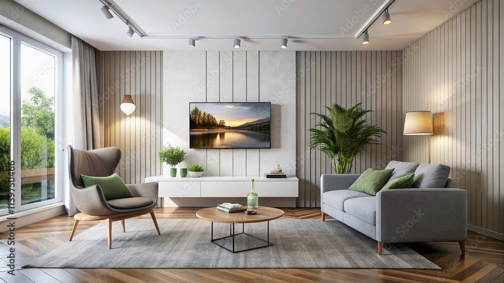 Modern Living Room with Wall-Mounted TV and Armchair, 3D Rendering, Long Exposure, Minimalist Design, White Walls, Cozy Atmosphere, Home Decor Inspiration, Interior Design Ideas Modern Living Room with Wall-Mounted TV and Armchair, 3D Rendering, Long Exposure, Minimalist Design, White Walls, Cozy Atmosphere, Home Decor Inspiration, Interior Design Ideas