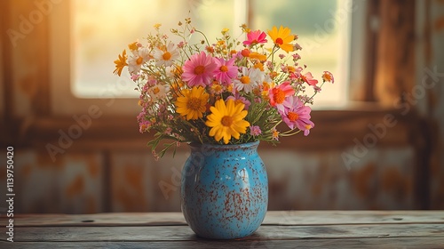 Wallpaper Mural A rustic ceramic vase holding a vibrant bouquet of wildflowers, set on a wooden desk with vintage decor and warm sunlight highlighting the colors, hd quality, cozy and natural. --ar 16:9 Torontodigital.ca