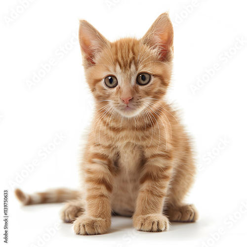 Cute orange tabby kitten sitting on white background