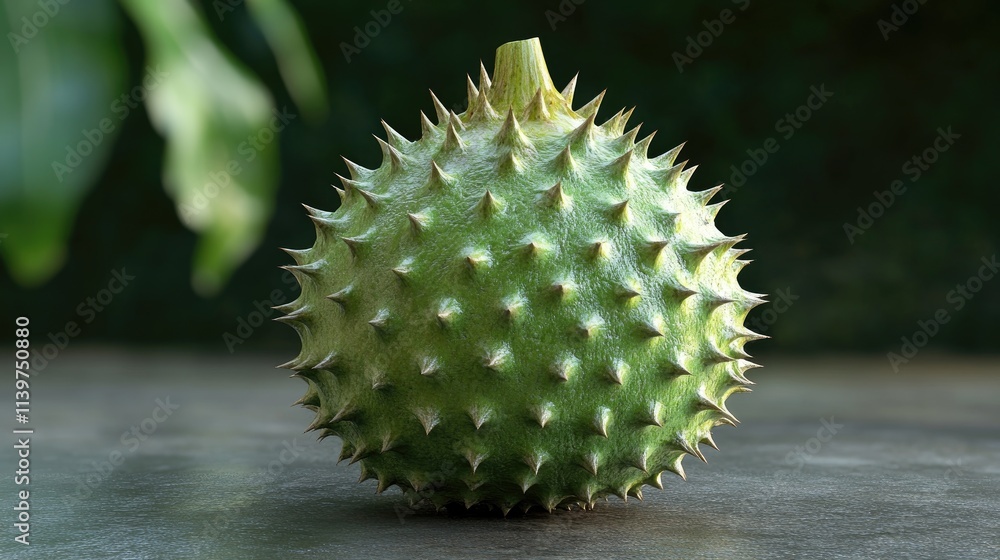 Close-up of a spiky green fruit, possibly a chestnut burr or similar plant structure. The fruit is round and rests on a dark surface with a blurred green background. Close-up of a spiky green fruit, possibly a chestnut burr or similar plant structure. The fruit is round and rests on a dark surface with a blurred green background.