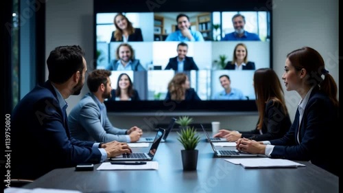 Wallpaper Mural Business Team Engaged in Virtual Meeting in Modern Conference Room Torontodigital.ca