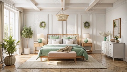 Modern Provence bedroom with minimalist photography showcasing country elements, soft hues, natural light streaming in, chic decor, and an inviting atmosphere that embodies elegant simplicity.