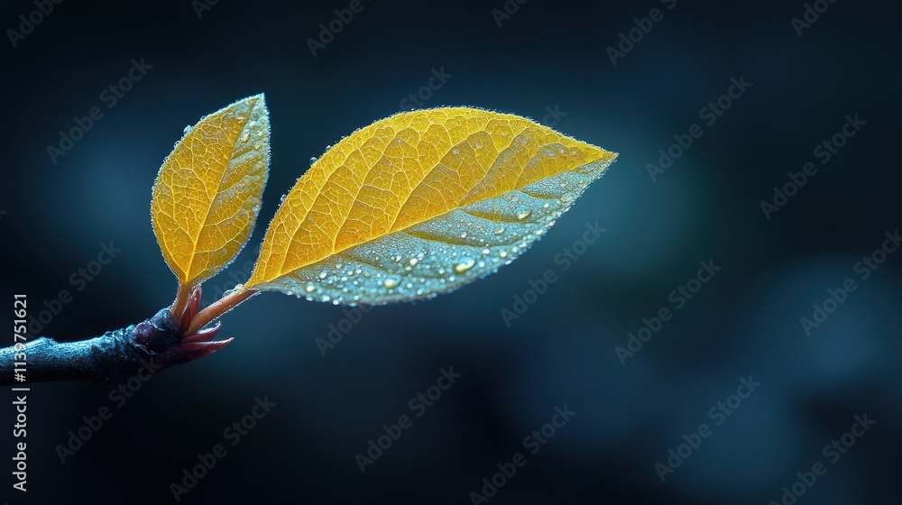Two dew-covered autumn leaves on a branch.