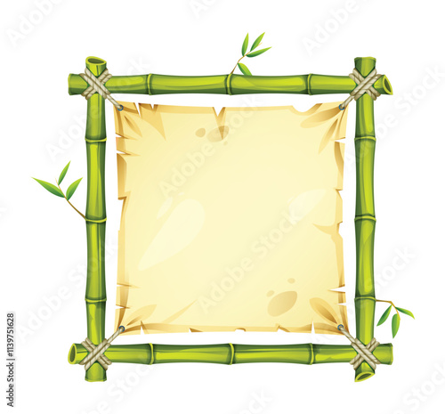 Square green bamboo frame with leaves and aged parchment. Vector cartoon illustration