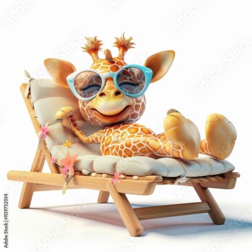 Cute funny giraffe relaxing on a sun lounger with sunglasses in a sunny location