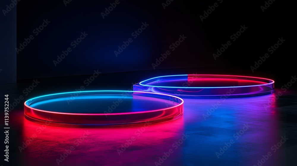 Neon glowing platforms in dark room. Neon glowing platforms in dark room.
