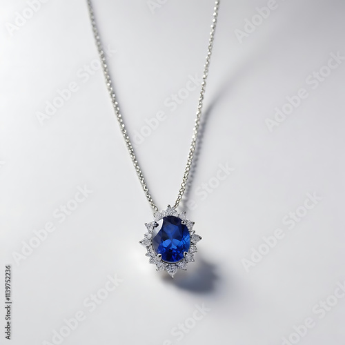 A gemstone necklace with a sparkling blue sapphire centerpiece on a clean white background.