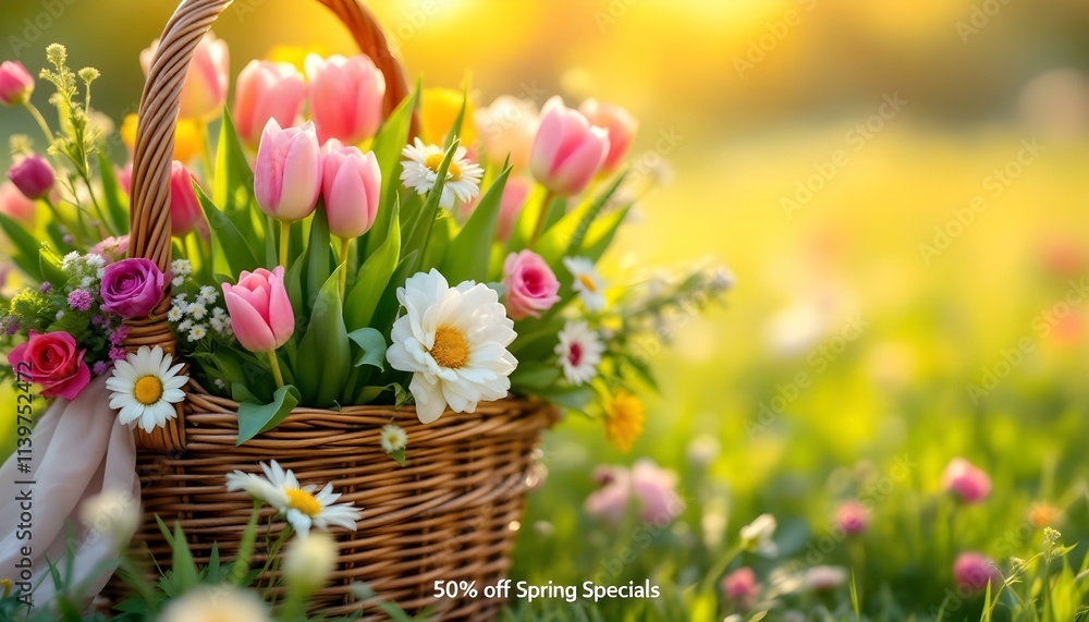 Obraz premium Elegant digital banner featuring a wicker basket filled with colorful fresh flowers, including violets and daffodils, set against a bright and sunny backdrop of a blooming garden. 