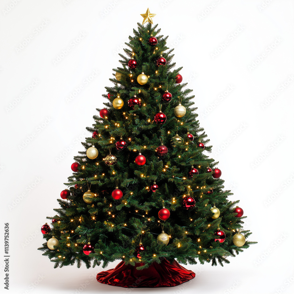 Fototapeta premium Decorative Christmas tree with ornaments and lights on white background, festive, holiday spirit, copy space