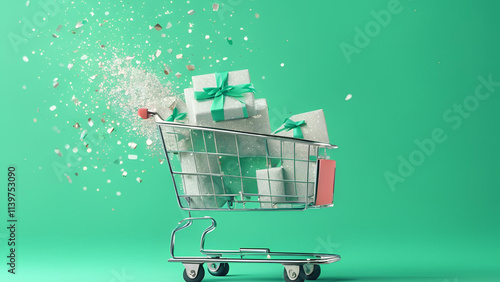 A unique winter-themed abstract presentation featuring a trolley cart, a decorated gift box, and shimmering snowflake confetti drifting across a mint green canvas