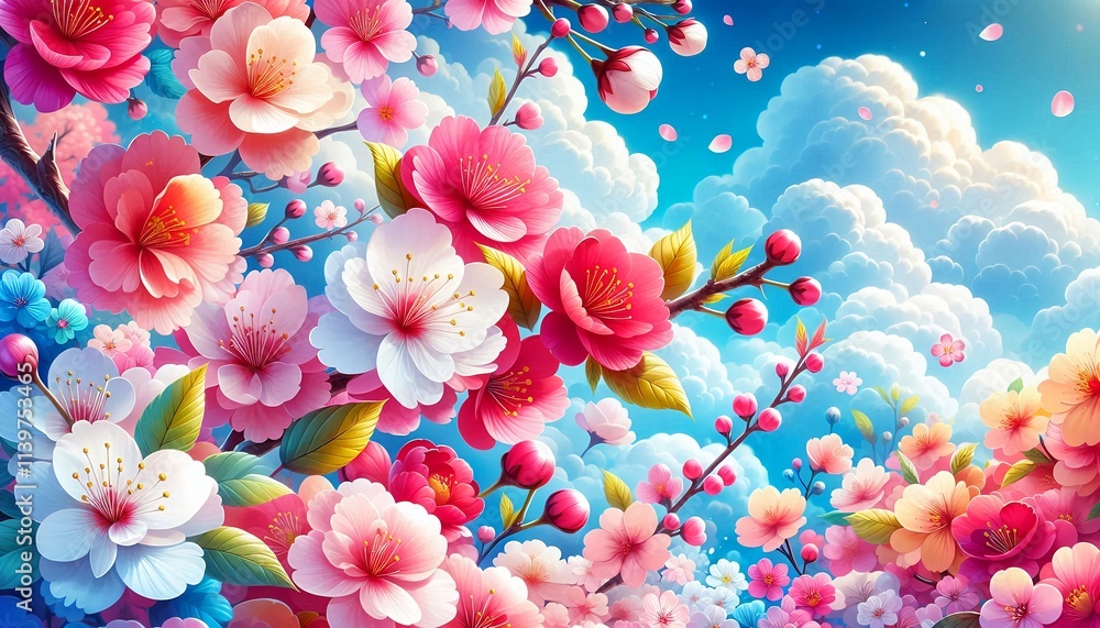 Obraz premium Colorful Sakura Blossom Illustration with Bright Blue Sky and Clouds