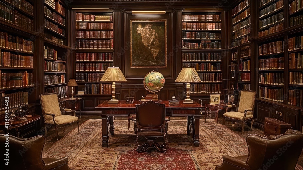 A lavish, opulent, antique library with antique bookshelves, rich dark wooden furniture, and comfortable seating around a large wooden desk. A vintage globe and framed map are on display. A lavish, opulent, antique library with antique bookshelves, rich dark wooden furniture, and comfortable seating around a large wooden desk. A vintage globe and framed map are on display.