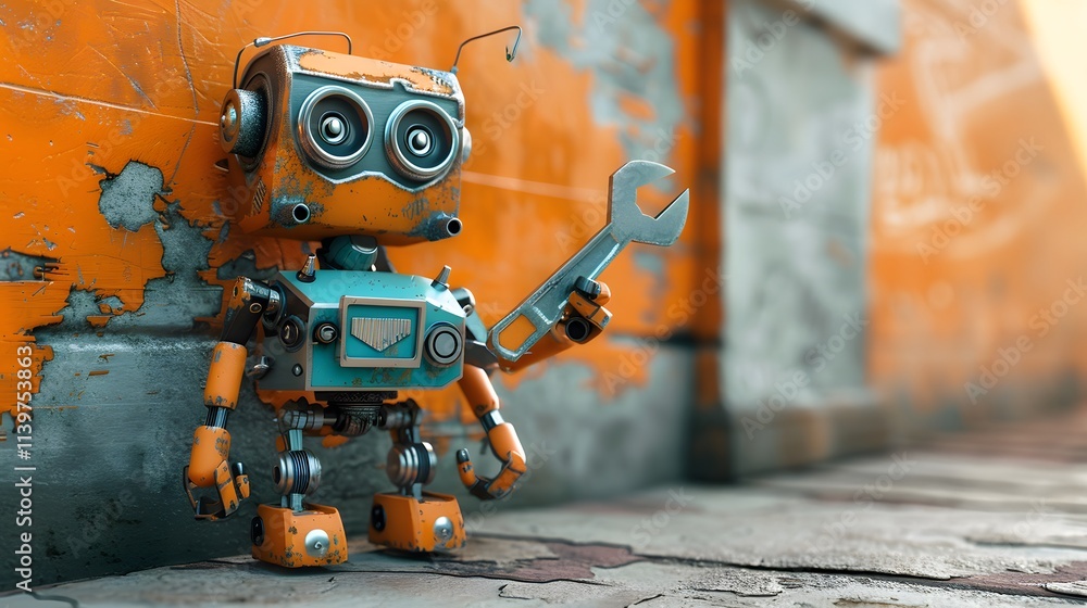 A rusty, orange robot with blue accents holds a wrench in front of a chipped, orange wall. A rusty, orange robot with blue accents holds a wrench in front of a chipped, orange wall.