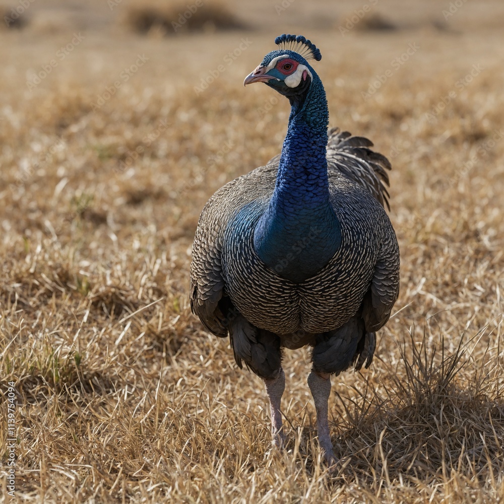 A beautiful guineafowl walking through a field, feathers shimmering, with a bright white background behind it. A beautiful guineafowl walking through a field, feathers shimmering, with a bright white background behind it.