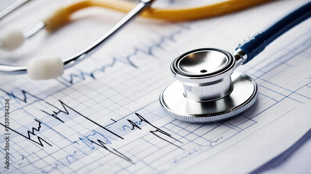 Stethoscope on a medical chart with an ECG line, a close-up shot Stethoscope on a medical chart with an ECG line, a close-up shot