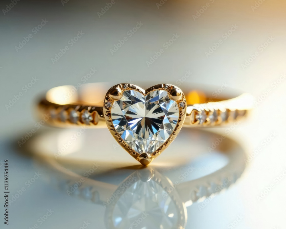 engagement or wedding gold ring with a heart-shaped diamond lies on a mirror surface engagement or wedding gold ring with a heart-shaped diamond lies on a mirror surface