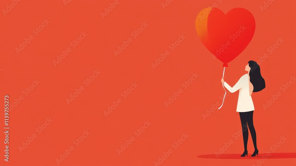 Woman holding a large heart-shaped balloon against a coral background. Woman holding a large heart-shaped balloon against a coral background.