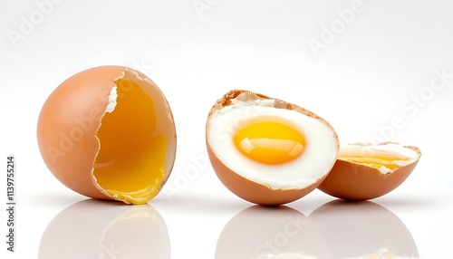 fresh eggs with yellow yolk on the white background,Closeup of a cracked brown egg with yellow yolk on white background. Natural organic farm food,8 photo