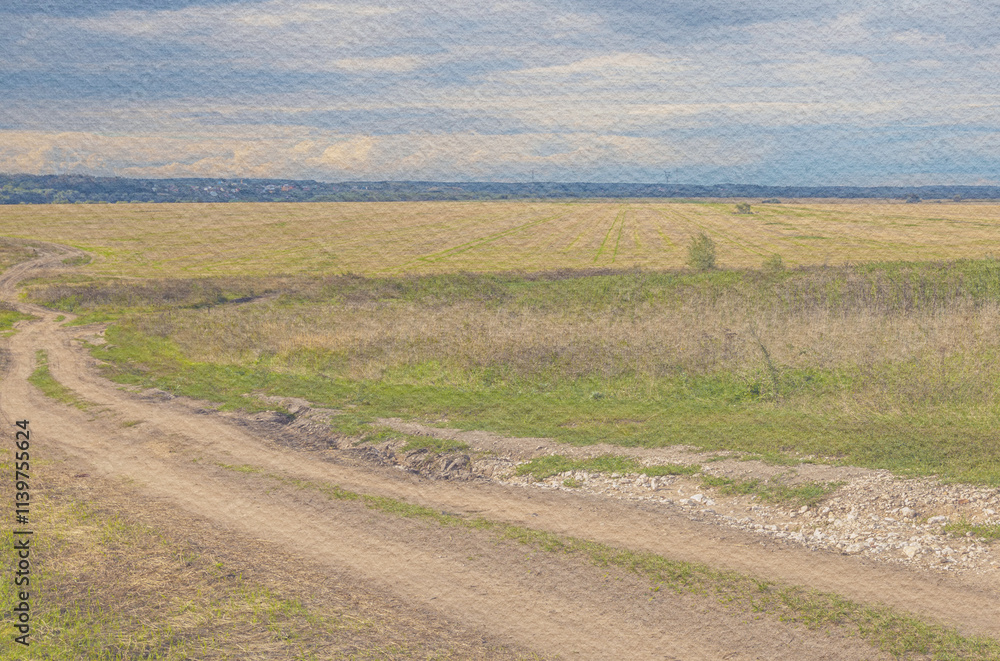 Road in the middle of a field with a cloudy sky in the background Road in the middle of a field with a cloudy sky in the background